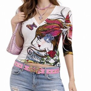 Cachè graphic V-neck top small rhinestone embellished women print blouse